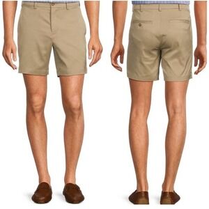 Roundtree & Yorke 7" Canvas Chino Shorts Mens 42 Brown Straight Fit Flat Front